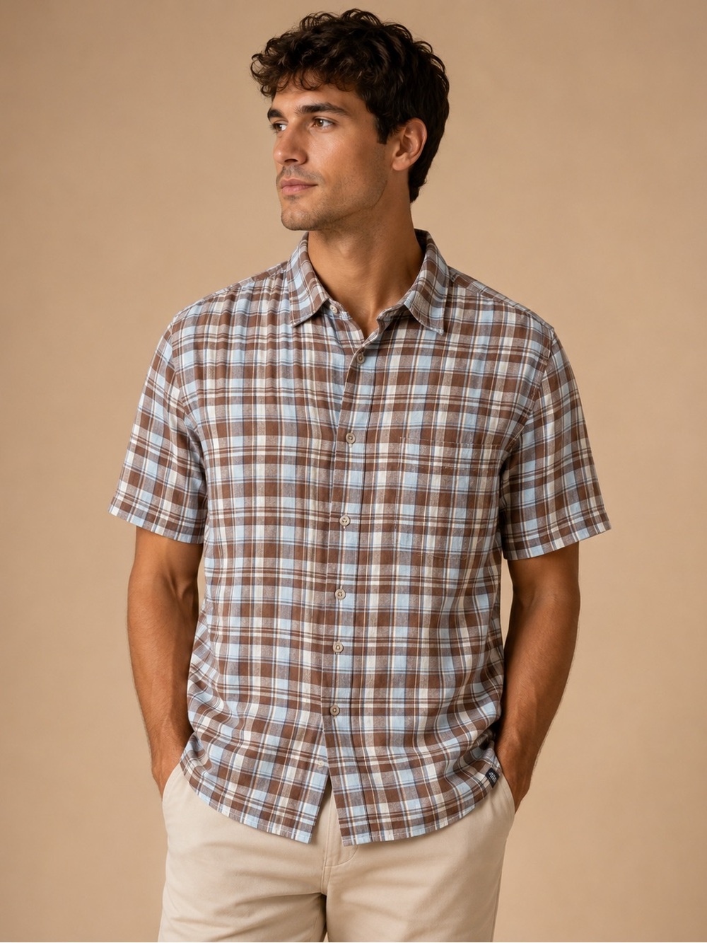 IZOD Jeans Brown Plaid Linen Cotton Short Sleeve Button Down Size M
